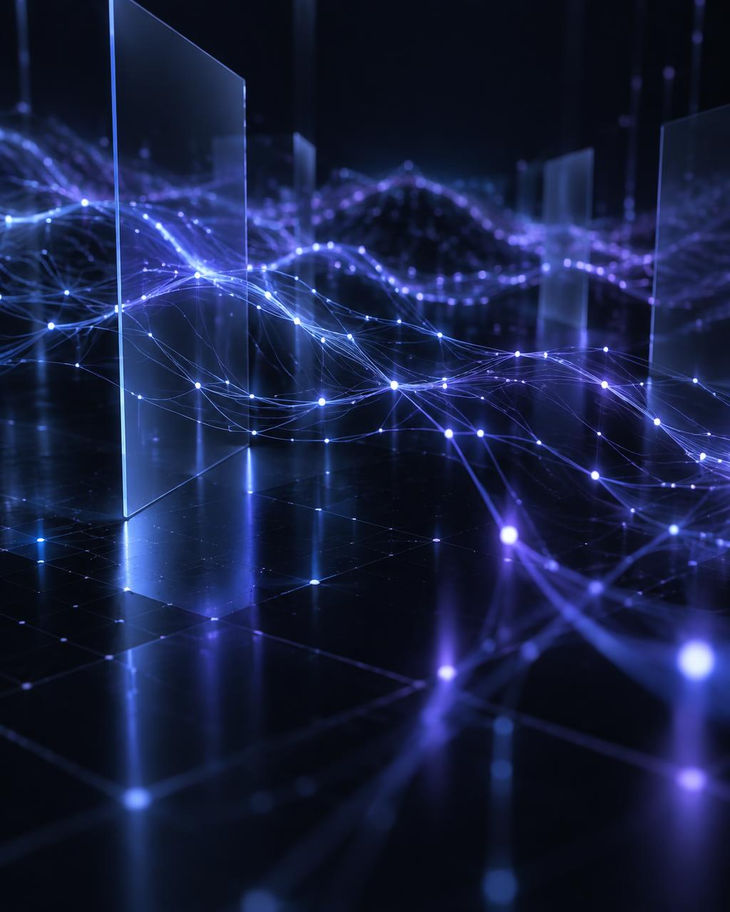 Abstract visualisation of an AI network with glowing connected nodes representing automated business workflows